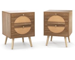 FURNIBELLA- Set van 2 Rotan Nachtkastjes – 2 Lades – Met Massief Houten Poten – Natuurlijk Design – Ook te gebruiken als Banktafel