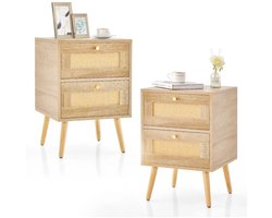FURNIBELLA-Set van 2 Rotan Nachtkastjes in Boho-Stijl – 2 Lades & Massief Houten Poten – Natuurlijk Design