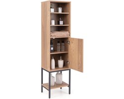 FURNIBELLA-Smal vrijstaande badkamerkast – 6-laags, hoge kast met deur, wit/natuur, 38x30x146 cm