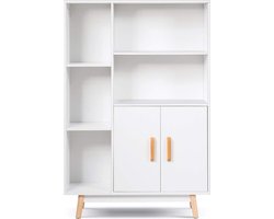 FURNIBELLA - Vloeropslagkast, houten boekenkast met twee deuren, vrijstaande zijkast met plank en kubussen voor thuis en op kantoor, vitrinekast met houten poten, modern decor organisator kast
