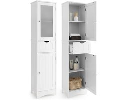 FURNIBELLA-Vrijstaande Hoge Badkamerkast met 2 Deuren en 1 Lade (Wit)