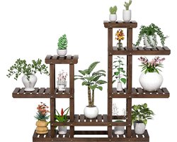 Furnibellaa - Plantenrek hout, bloemenrek outdoor, bloementrap 6 niveaus, plantentrap met meerdere verdiepingen, houten rek 120,5 x 25 x 96,5 cm, bloemenstandaard voor tuin, woonkamer, balkon, binnen