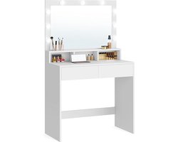 Furnihaus Kaptafel cosmeticatafel met 9 LED lampen en spiegel instelbare lichtsterkte wit