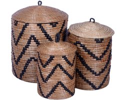 Furnilux - Handgevlochten Opbergmanden Set van 3 – Natuurlijke Wasmanden met Deksel – Mendong Gras – Decoratief & Functioneel - S:Dia27cm Hoogte 32cm M: Dia 33cm Hoogte 40cm L: Dia 42cm hoogte 45cm