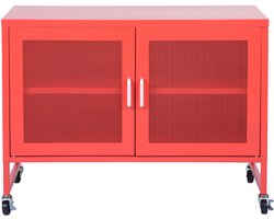 Furnish Opbergkast Metaal met Wieltjes - Dressoir met 2 Planken - Industrieel - Rood - 90x46x67 cm