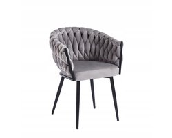 Furnitex Riviera 91 - Eetkamerstoel - Grijs fluweel - Gevlochten rugleuning - Zwart metalen frame