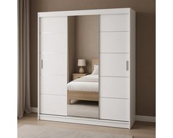 Furniture Kledingkast met Spiegel – 180 cm – 3 Schuifdeuren – Grote Kast met 8 Legplanken en 2 Hangroedes – Wit