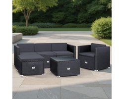 Furnitureland Luxe Aruba 4–5 Persoons Polyrotan Tuinlounge Set – 4-delige Outdoor Loungeset met 3-Zits Bank, S - Furniturelandtoel, Hocker & Glazen Bijzettafel – Weerbestendige Tuinmeubelset in Antraciet