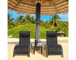 Furnitureland XXL Aluminium Ligbed Set van 2 met Tafel en Kussen – 153 x 64 x 83,5 cm – Verstelbare Tuin Ligstoelen 5 Standen – Stapelbaar en Weerbestendig