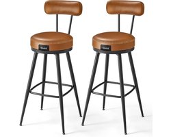 Furnstar - Barkruk set van 2 - 360° draaibare barkruk - Kruk met rugleuning voor bartafel - Kunstleer met naden - Mid-Century moderne stijl - 76 cm hoog - Keuken huisbar - Karamelbruin