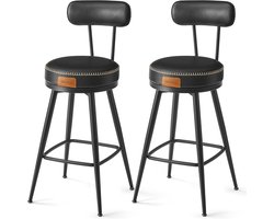 Furnstar - Barkruk set van 2 - 360° draaibare barkruk - Kruk met rugleuning voor keukeneiland - Kunstleer met naden - Mid-Century moderne stijl - 65 cm hoog - Keuken huisbar - Inktzwart - LBC089B01
