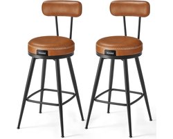 Furnstar - Barkruk set van 2 - 360° draaibare barkruk - Kruk met rugleuning voor keukeneiland - Kunstleer met naden - Mid-Century moderne stijl - 65 cm hoog - Keuken huisbar - Karamelbruin