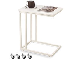 FurnStar - Bijzettafel - Banktafel met Wieltjes - C-Vorm - Mobiele Koffietafel - 35 x 50 x 60 cm - Woonkamertafel met Metalen Frame - Voor Koffie en Laptop - Industrieel Design - Crème-Wit