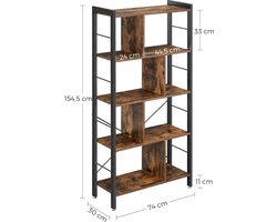 FurnStar - Boekenkast - Plank - Boekenkast - Kantoorrek met 5 niveaus - Opbergrek - Groot - Metalen frame - Industriële stijl - 154.5 x 74 x 30 cm - Vintage bruin - inktzwart