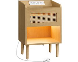 FurnStar BOHOVEN Nachtkastje – Met laadstation en bewegingssensor – Bijzettafel met rotan-look – Massief houten poten – Boho-stijl – Eikenbeige