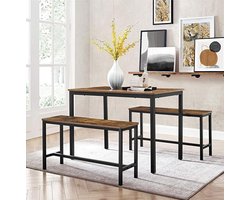 FurnStar - Eettafel Set - Keukentafel Set -110 x 70 x 75 cm - met 2 banken elk 97 x 30 x 50 cm, metalen frame, voor keuken, woonkamer, eetkamer, industrieel ontwerp, vintage bruin-zwart