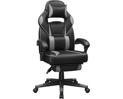 FurnStar - Gaming stoel - Bureaustoel met voetenbankje - Bureaustoel met hoofdsteun en lendensteunkussen - In hoogte verstelbaar - Ergonomisch - Kantelhoek van 90-135° - Draagvermogen tot 150 kg - Zwart-Grijs