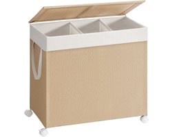 Furnstar HOME Wasmand met 3 vakken - Wasverzamelaar 140 l - Wassorteerder op wieltjes met deksel - Waszak met handgrepen - Rotan-look - Voor bijkeuken en badkamer - Beige/Wit