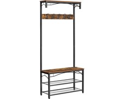 FurnStar - Kapstok - Coat Rack - Hallway Cabinet - with Top Board - Shoe Rack - Bench and 5 Double Hooks - Metal Frame - 80 x 32 x 178.8 cm - Industrial Style - Rustic Brown and Black