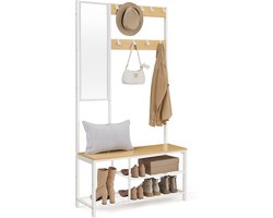 FurnStar – Kapstok met spiegel – Halmeubel met haken - Schoenenbank en planken – Industriële stijl – 36 x 98 x 185 cm – Eiken-Wit