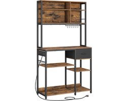 FurnStar - Keukenplank met stopcontacten - Staande plank - Magnetronplank - Verstelbare planken - Stoffen lade 12 haken - 40 x 100 x 180 cm - Magnetron Keuken - Vintage Bruin - Inkt Zwart