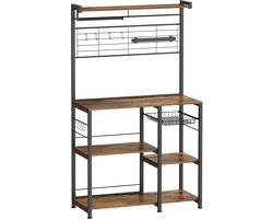 FurnStar - Keukenrek - Staand rek - Werkblad keuken - Keukeneiland met magneetstrip voor messen - Draadmand - Keukenrolhouder - 12 haken - Ebbenhout - VintaGEbruin + Zwart.