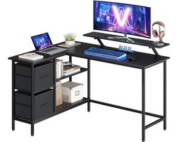 Furnstar L-vormig Bureau – 135 x 105 cm – Hoekbureau met 2 Ruime Lades, Monitorstandaard en Verstelbare Plank – Computer- en Gamingbureau – Ebbenhout Zwart