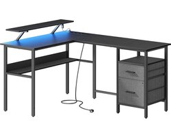 FurnStar - L-vormig bureau met stopcontacten - hoekbureau - computertafel - monitorstandaard - gamingtafel - ledverlichting - USB-aansluitingen - 150 x 120 x 76 cm - thuiskantoor - vintage bruin LWD095K01