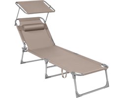 FurnStar - Ligstoel - Hoofdsteun, Zonnedak, Verstelbare Rugleuning, Opvouwbaar - 53 x 193 x 29,5 cm - Draagvermogen tot 150 kg - Voor Tuin, Balkon – Taupe