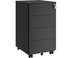 FurnStar - Metalen Ladekast op Wielen - Mobiele Archiefkast - Afsluitbaar - 4 Laden met Inzet - Printtafel - Voorgemonteerd - Voor Kantoor & Thuis - 45 x 39 x 69 cm - Inktzwart