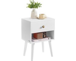 FurnStar Nachtkastje – Bijzettafel met lade & open plank – Houten poten – Voor woonkamer, slaapkamer, bank – Sneeuwwit – 28 x 39 x 55 cm