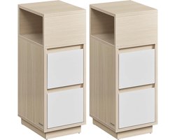 Furnstar - Nachtkastje - Set van 2 - Smal - Bijzettafel met 2 laden - Open vak links of rechts monteerbaar - Voor slaapkamer en woonkamer - Natuurbeige Wolkenwit