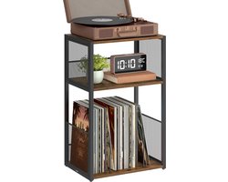 Furnstar Platenspeler-Standaard, 3 Etages, Bijzettafel, Opbergrek voor Vinylplaten, tot 100 Albums, Tafel voor Woonkamer, Slaapkamer, Vintage Bruin