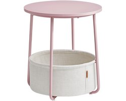 Furnstar Ronde Bijzettafel met Stoffen Opbergmand - Moderne Salontafel - Nachtkastje voor Woonkamer en Slaapkamer - Roze- Wit