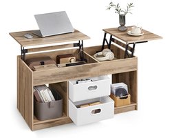 FurnStar – Salontafel – In Hoogte Verstelbaar – 2 laden & verborgen vakken – Moderne koffietafel – 50 x 100 x 48/62,3 cm – Camelbruin-Wolkenwit