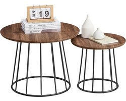 Furnstar Salontafel Rond – Set van 2 – Moderne Ronde Bijzettafel – Stalen Frame – Voor Woonkamer & Slaapkamer – Walnootkleur LCT045K43