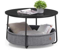 Furnstar - Salontafel rond - Tafel met opbergruimte - Bijzettafel - Woonkamertafel met mand van stof - Modern design - Metalen frame - Inktzwart Leigrijs