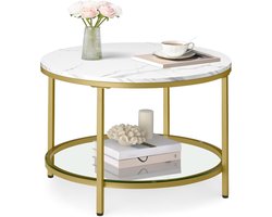 FurnStar – Salontafel – Woonkamertafel met glasplaat – Moderne banktafel met veel opbergruimte – Eenvoudige montage - 65 cmx46 cm– Marmerwit/Lichtgoud