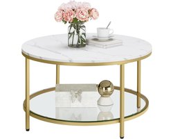 FurnStar – Salontafel – Woonkamertafel met glasplaat – Moderne banktafel met veel opbergruimte – Eenvoudige montage – 80 cmx44.5 -Marmerwit/Lichtgoud