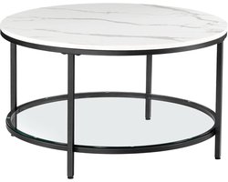 FurnStar – Salontafel – Woonkamertafel met glasplaat – Moderne banktafel met veel opbergruimte – Eenvoudige montage – 80 x 44,5 cm -Marmerwit/Inktzwart –