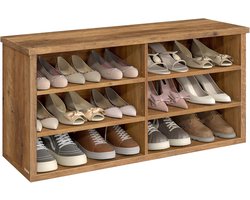 Furnstar Schoenenbank – Opbergbank met 6 Vakken – Verstelbare Planken – Voor Hal & Woonkamer – 29,5 x 100 x 50 cm – Honingbruin