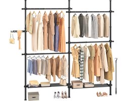 FurnStar Telescopische Kledingstandaard – 3-Traps Garderobe – In Hoogte en Breedte Verstelbaar – Open Kledingkast met 4 Kledingstangen en 2 Afneembare Planken – Grijparm – 33,5 x (162-238) x (208-310) cm – Matzwart