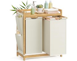 Furnstar wasmand - 2 vakken - Bamboe Wasverzamelaar - 100 l Wassorteerder met plank -Waszak - Kleine zijzakken - Wasrek - 2 x 50 l 63 x 33 x 78 cm - Crèmewit