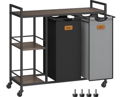 FurnStar - Wasmand 2 vakken - wasverzamelaar 100 l - wassorteerder - rollen - waswagen met planken - waszak - met afneembare vakken - 6 etiketten - kastanjebruin-inktzwart-87 x 33 x 80,5 cm - duifgrijs