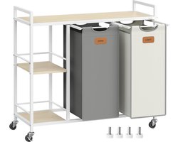 FurnStar - Wasmand 2 vakken - wasverzamelaar 100 l - wassorteerder - rollen - waswagen met planken - waszak - met afneembare vakken - 6 etiketten - kastanjebruin-inktzwart-87 x 33 x 80,5 cm - natuurbeige + duifgrijs + crèmewit