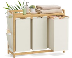 Furnstar wasmand - 3 vakken - Bamboe - Wasverzamelaar 150 l - Wassorteerder met plank -Waszak - Kleine zijzakken - 3 x 50 l 94 x 33 x 78 cm - Crèmewit