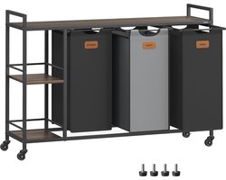 FurnStar Wasmand 3 Vakken – Wassorteerder 150L met Rollen en Planken – Afneembare Waszakken – 6 Etiketten – 117 x 33 x 80,5 cm – Kastanjebruin - Inktzwart & Duifgrijs