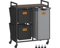 FurnStar Wasmand 3 Vakken – Wasverzamelaar met Rollen en Plank – 100L – Wassorteerder met 6 Etiketten – Kleine Zijzakken – 68,6 x 33 x 80,5 cm – Kastanjebruin, Inktzwart, Duifgrijs