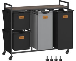 FurnStar - Wasmand 4 vakken - Wasverzamelaar 150 l - Wassorteerder - Waswagen met plank - Waszak - Kleine zijzakken - 6 etiketten - 98.6 x 33 x 80.5 cm - Kastanjebruin-Inktzwart-Duifgrijs