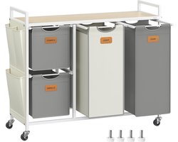FurnStar Wasmand 4 Vakken – Wasverzamelaar 150L – Wassorteerder met Rollen en Plank – Waszakken met Kleine Zijzakken – 6 Etiketten – 98,6 x 33 x 80,5 cm – Natuurbeige - Duifgrijs-CrèmewitNatuurbeige - Duifgrijs-Crèmewit
